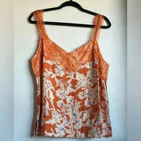 Sam Edelman Palmer Lace Accent Tank Top Apricot Orange Floral Large NWT - Picture 2 of 3